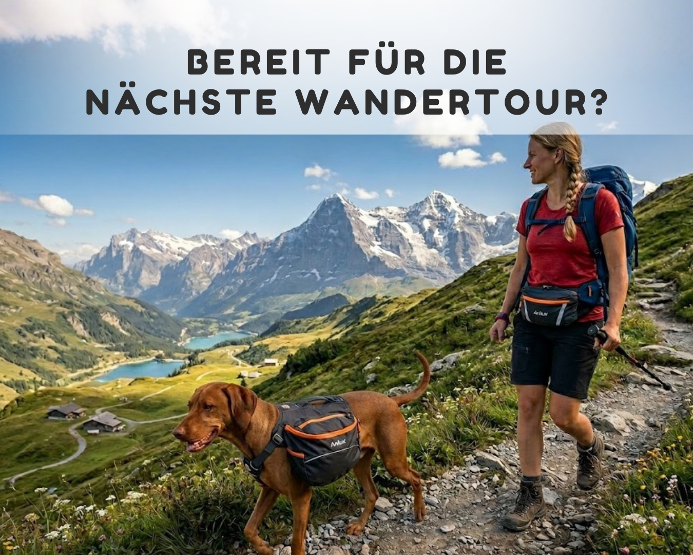 Outdoor-Abenteuer in den Schweizer Bergen mit robuster Ausrüstung und praktischer Leckerlitasche für unterwegs.