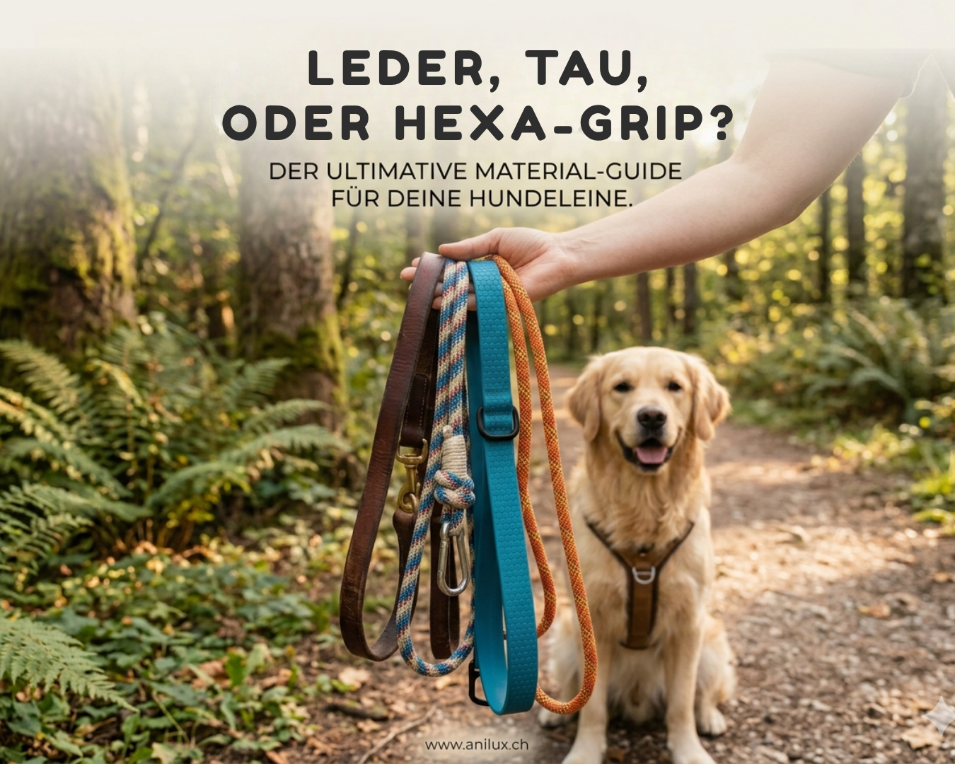 Golden Retriever Hund mit Leinenauswahl darunter AniLux Leine 