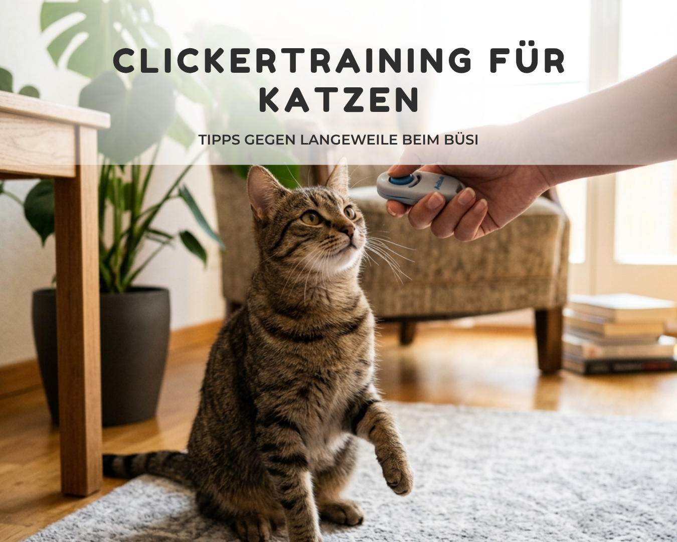 Clickertraining für Katzen: Ein getigertes Büsi lernt mit einem AniLux Clicker und positiver Verstärkung erste Tricks in einer hellen Wohnung.