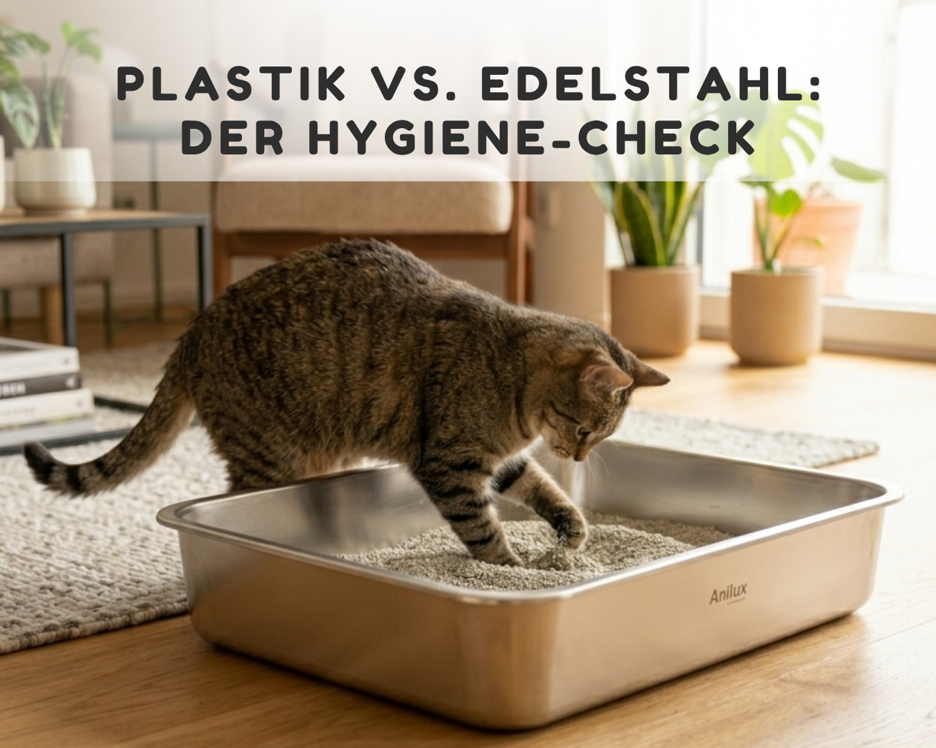 Hygienisches Edelstahl-Katzenklo von AniLux: Geruchsneutrales und offenes Design für ein glückliches Büsi und eine frische Wohnung ohne Plastikmief.