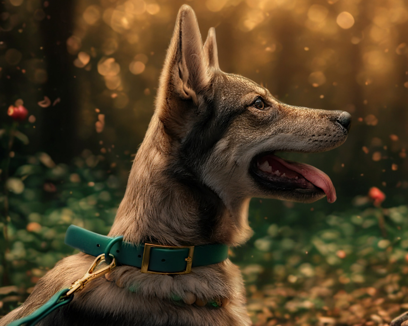 Glücklicher Wolfshund in verträumter Umgebung Natur mit AniLux Halsband und Leine