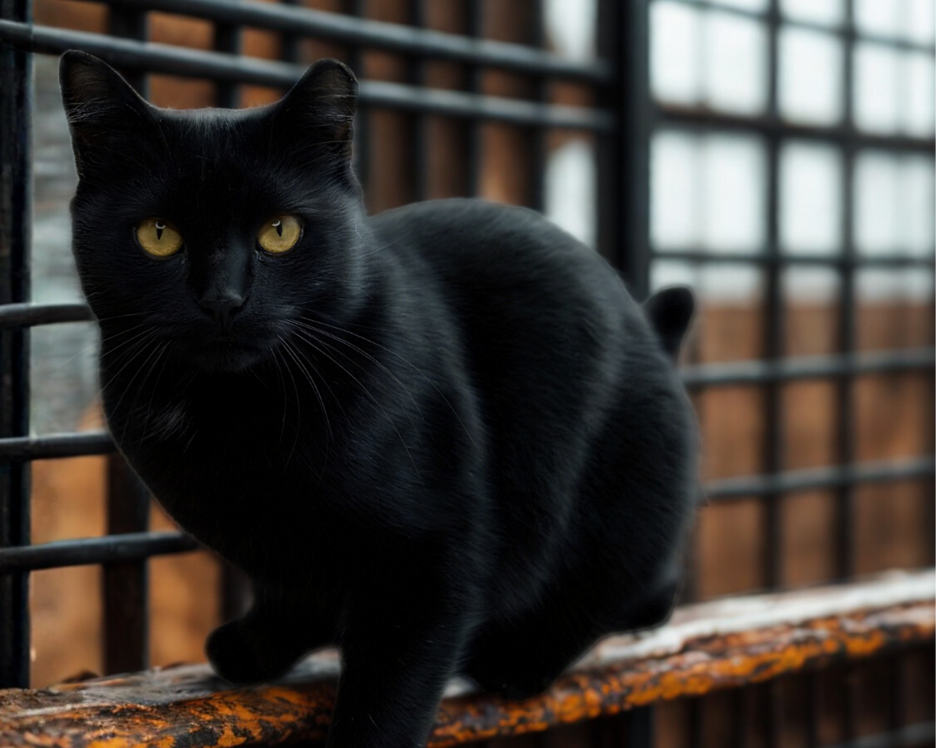 Schwarze Katze in einem Tierheim hinter Gitter