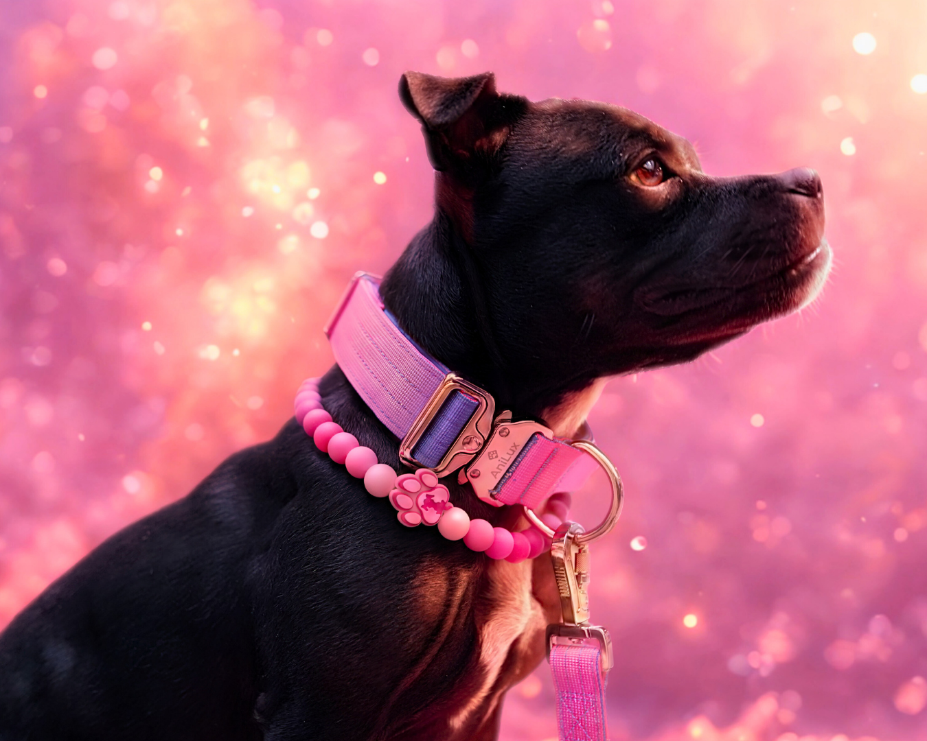 Staffordshire Bullterrier Hund mit AniLux Halsband und Schmuckhalsband in verträumter, roasafarbener Umgebung